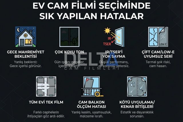 Ev cam filmi seçiminde dikkat edilmesi gereken başlıkları gösteren infografik